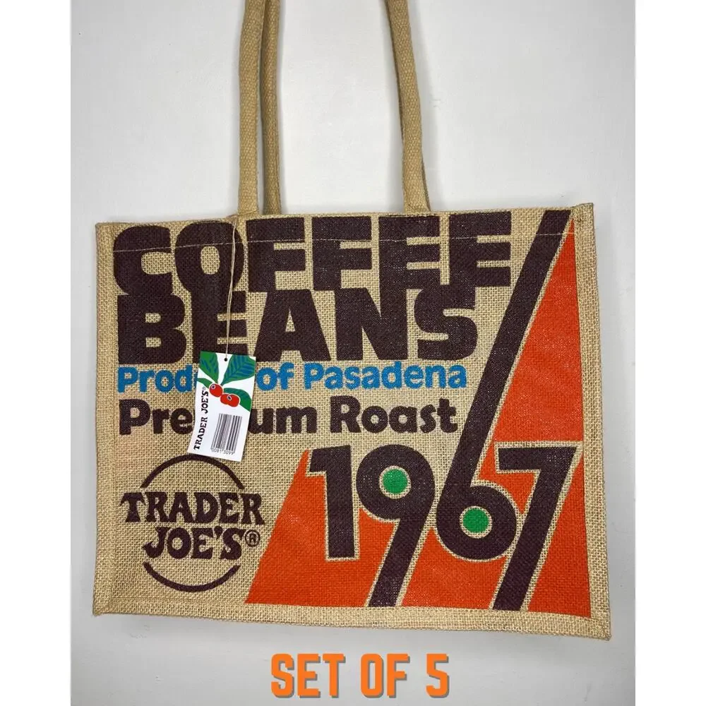 Set 4x Trader Joe's Coffee Beans 100% Jute Large 9 Gallon Reusable Tote Bag NWT!